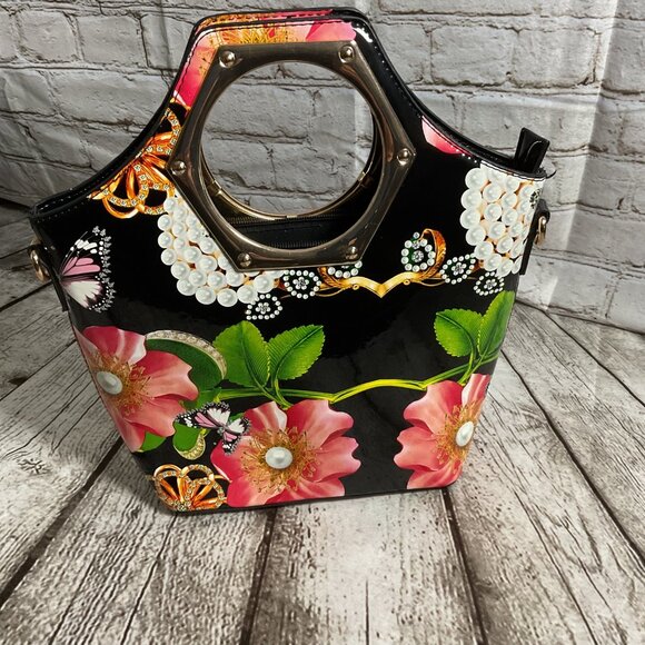 Handbags - Floral Butterfly Black Patent Handbag Goldtone Hexagonal Handles Bloomcore